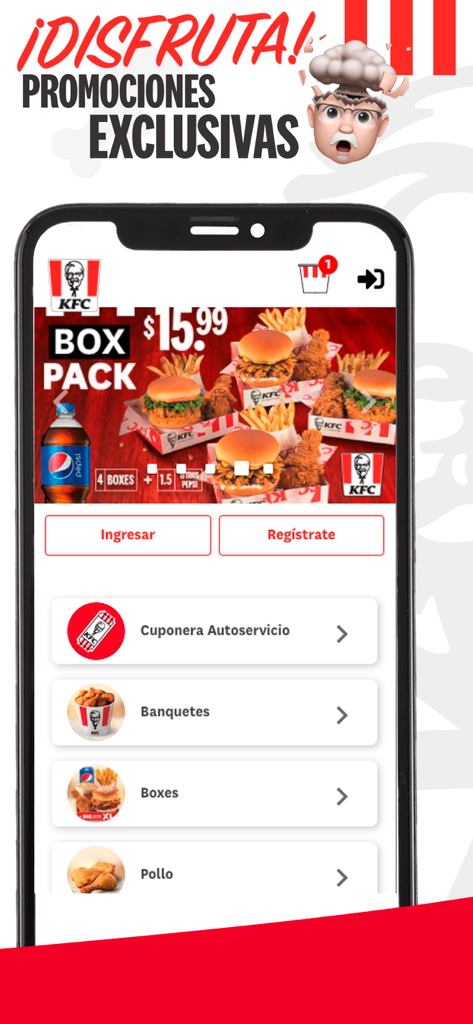 KFC El Salvador - KFC El Salvador app interface displaying exclusive promotions and food menu categories.