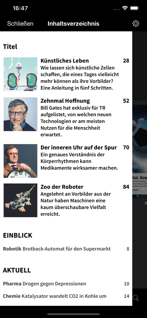 MIT Technology Review DE - Table des matières de l'application mobile MIT Technology Review DE montrant les articles en vedette et les numéros de page