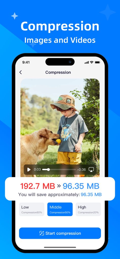 Clean Now app interface showing a video being compressed from 192 MB to 96 MB to save phone storage.