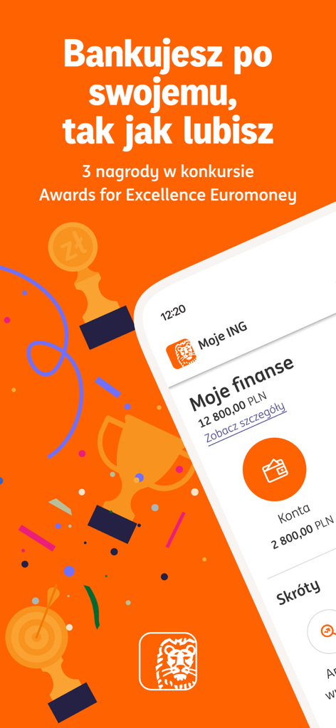 Benutzeroberfläche der Moje ING Mobile-Banking-App mit Kontostand und Euromoney-Award-Trophäen