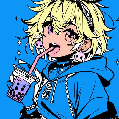 hot baddie anime girl drinking boba and biting the straw