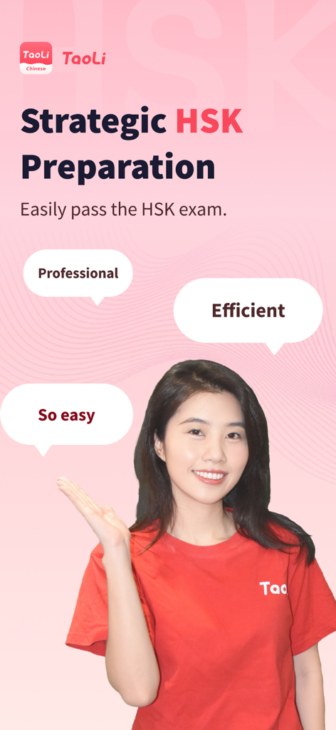 Una mujer con una camisa roja presentando la aplicación TaoLi Chinese para la preparación estratégica del examen HSK
