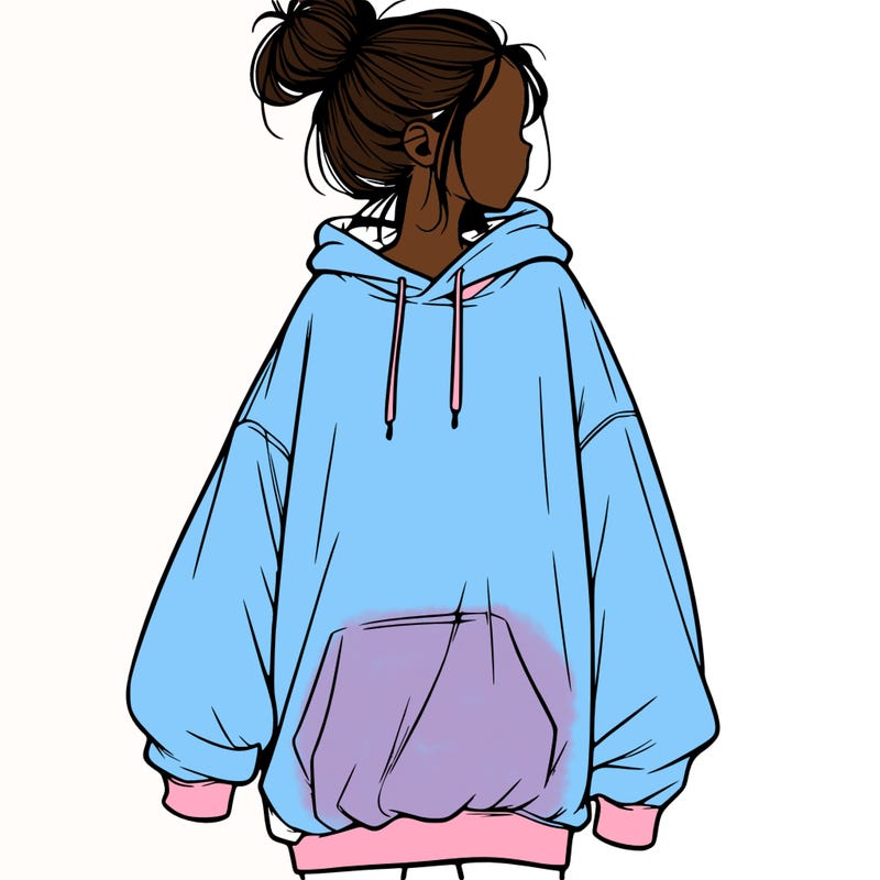 realistic girl with a oversized sweatshirt on and a bun