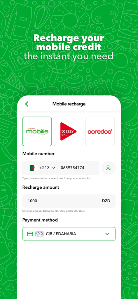 Wajeez app interface for instant mobile credit recharge featuring Algerian operators Mobilis Djezzy and Ooredoo