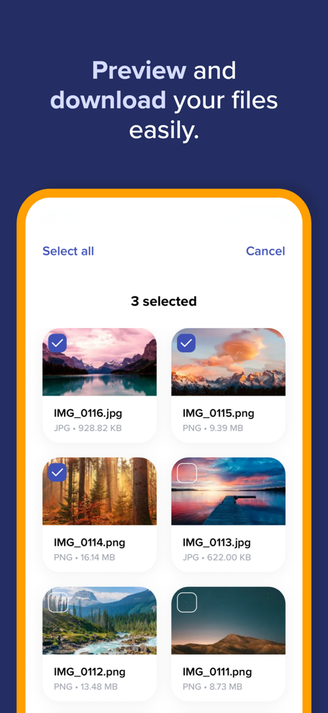 Mobile screen of TransferNow app showing a selection of high quality photos with preview and selective download options