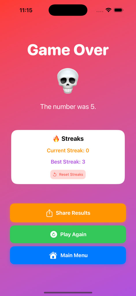 Pantalla de fin de juego del Juego de Adivinar Mayor o Menor mostrando resultados y rachas de puntuación.