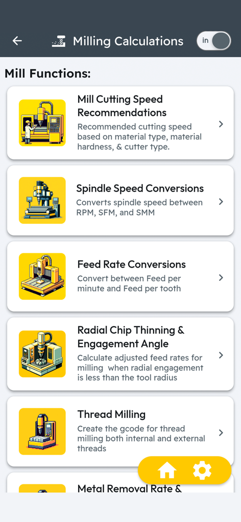 Milling calculations menu in the CNC Machinist Calculator Ultra app showing speed and feed recommendations