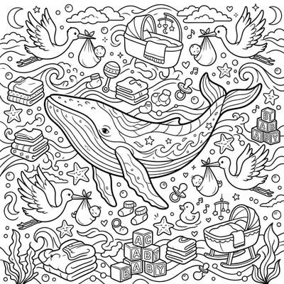 Celebrate new beginnings with this enchanting Humpback Whale Baby Shower coloring page, blending oceanic wonder with adorable nursery delights. It's a perfect activity for baby showers or a thoughtful gift for expectant parents, inviting creativity to splash into life.
