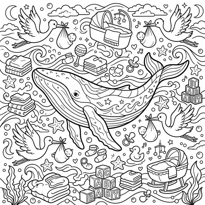 Celebrate new beginnings with this enchanting Humpback Whale Baby Shower coloring page, blending oceanic wonder with adorable nursery delights. It's a perfect activity for baby showers or a thoughtful gift for expectant parents, inviting creativity to splash into life.