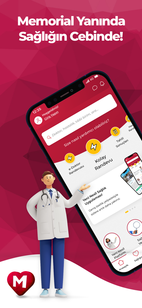Memorial healthcare app interface on a smartphone screen featuring appointment options and a 3D doctor illustration