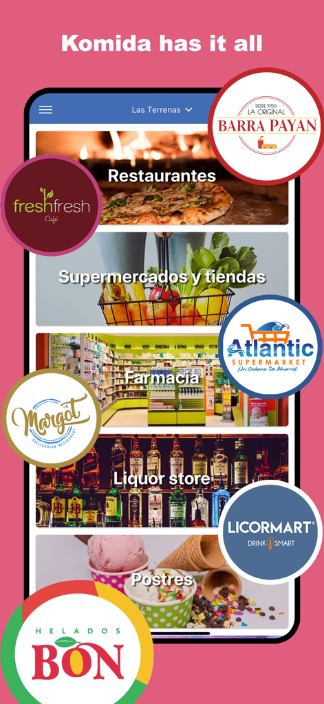 Oberfläche der Komida-Liefer-App, die verschiedene Servicekategorien wie Restaurants, Supermärkte und Apotheken mit Partnerlogos anzeigt.