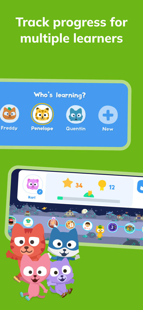 子供の学習者プロフィールと進捗状況追跡機能が複数表示されたLearn Germanアプリの画面。