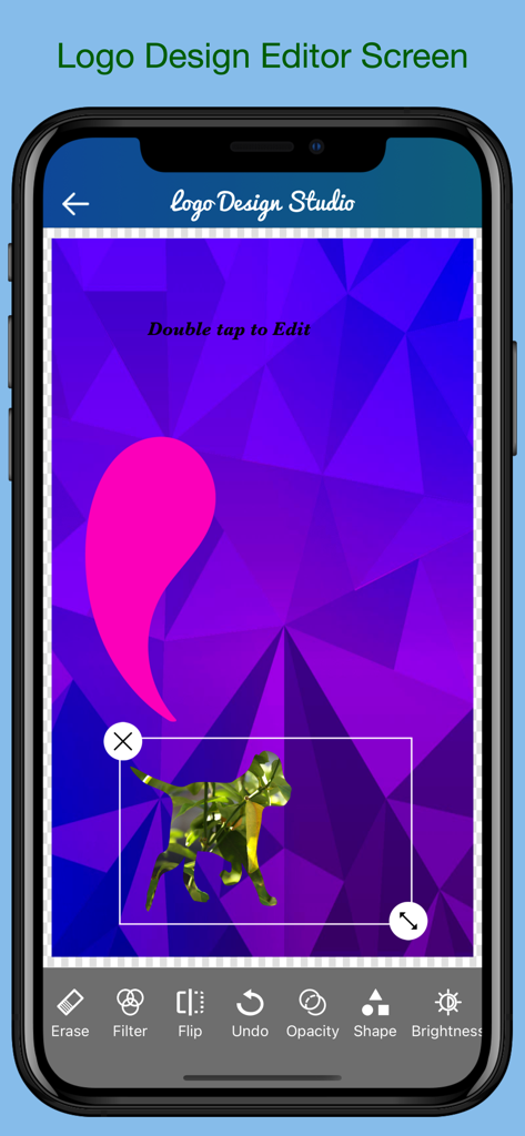 Logo Design Revo - The Logo Design Revo editor interface on an iPhone showing tools for creating custom graphics and logos.