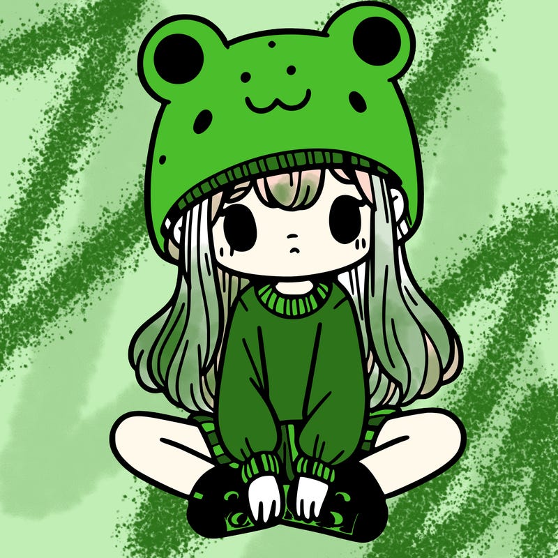 a girl wearing a frog hat and some frog socks