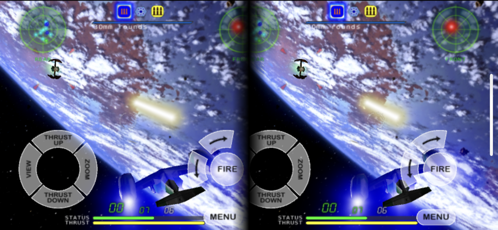 Split screen VR mode gameplay in Nemesis space shooter showing cockpit view over a planet