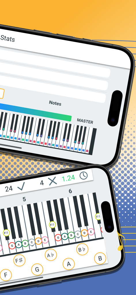Telas do aplicativo Pianolytics mostrando um heat-map de maestria de piano e uma interface de jogo de identificação de notas