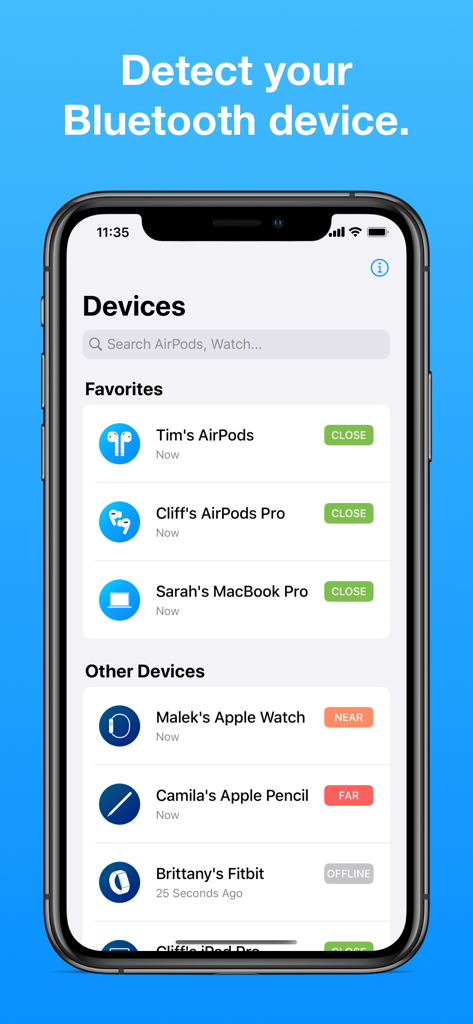 Captura de tela da interface do aplicativo Find My Bluetooth Device mostrando uma lista de dispositivos como AirPods e Apple Watch com indicadores de proximidade como perto ou longe
