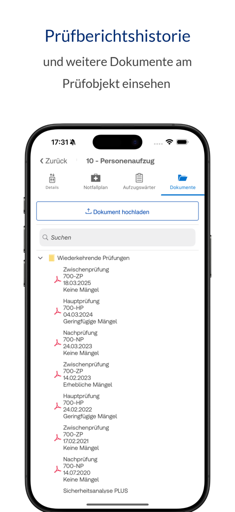 TÜV SÜD Verify - TÜV SÜD Verify app screen displaying a list of digital inspection reports and history for a passenger elevator