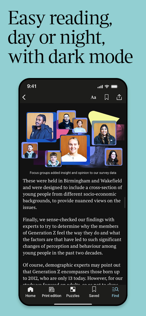 Un smartphone que muestra un artículo de noticias de The Times en modo oscuro para facilitar la lectura por la noche