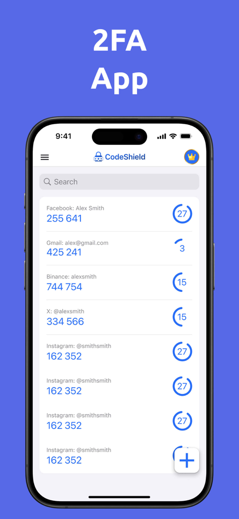 Interface of Authenticator for Discord showing a list of 2FA codes for various accounts