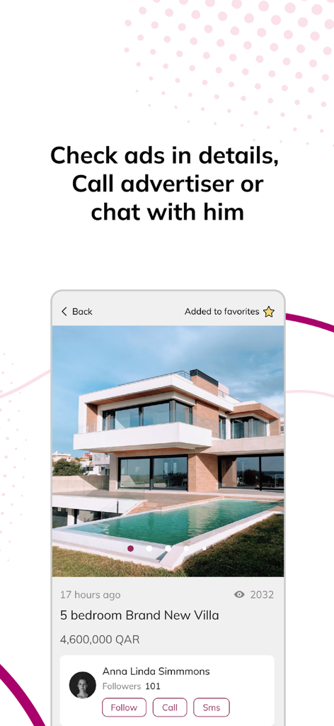 Mzad Qatar مزاد قطر - Mzad Qatar app screen showing a luxury villa listing with options to call or message the advertiser