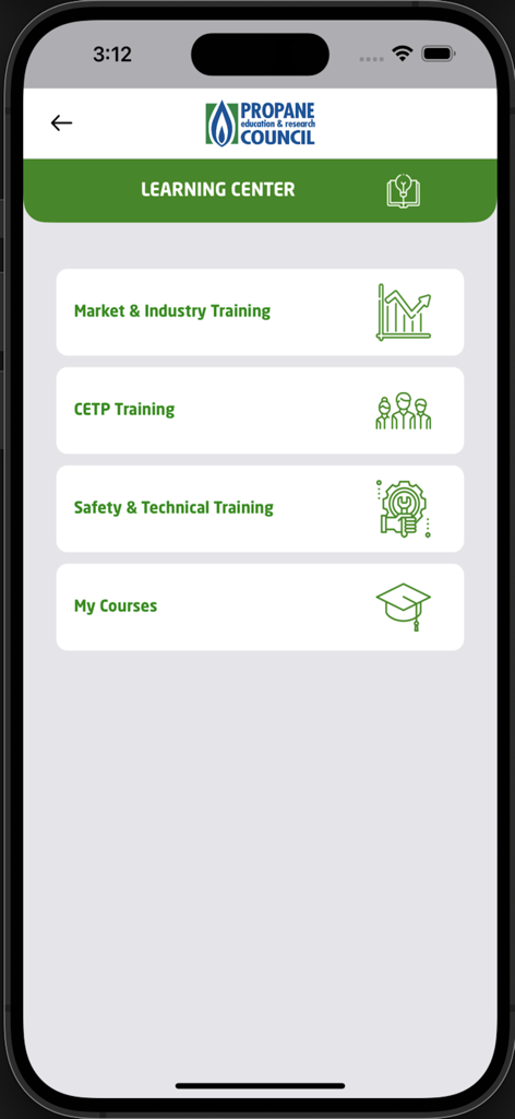 The Learning Center dashboard in the PERC App for propane training courses