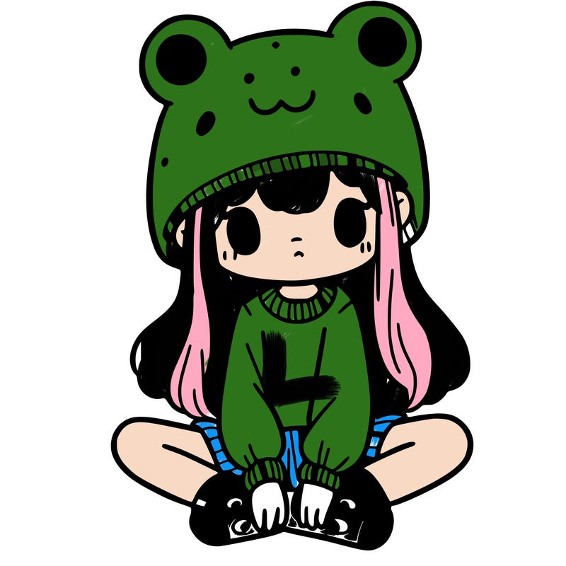 a girl wearing a frog hat and some frog socks