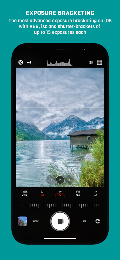 CameraPixels PRO - CameraPixels PRO app showing manual exposure bracketing settings with a mountain lake landscape view