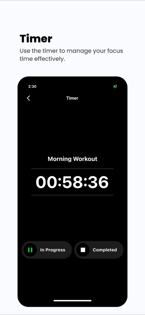 todo mateアプリのミニマルなダークモード画面。朝のワークアウトのためのフォーカスタイマーが進行中であることを示しています。