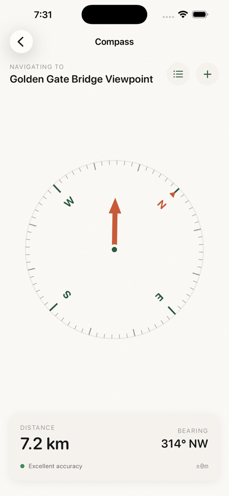 Waypointer - GPS Compass - Waypointer GPS compass interface showing navigation arrow, distance, and bearing to Golden Gate Bridge Viewpoint