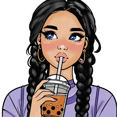 realistic girl with braided hair drinking boba