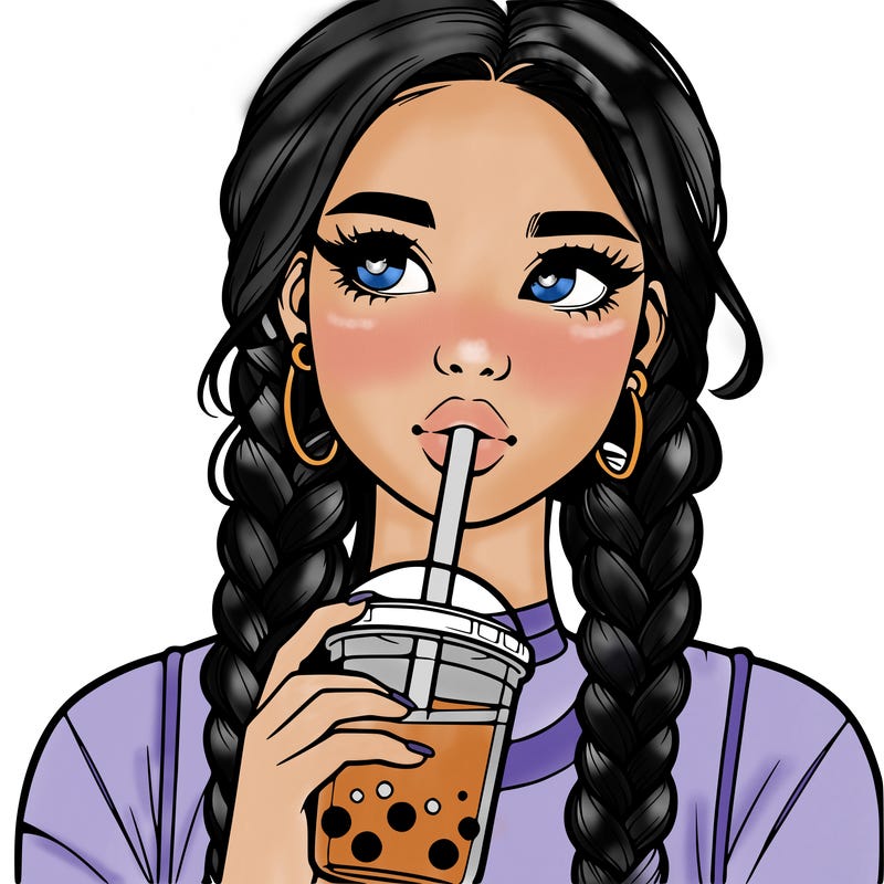 realistic girl with braided hair drinking boba