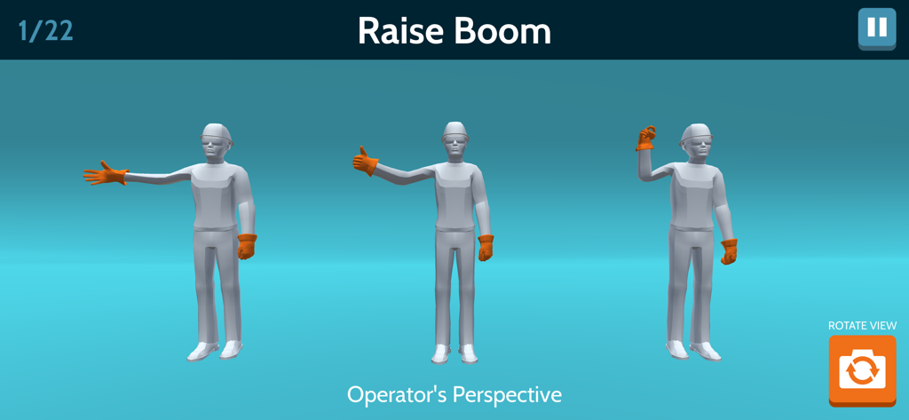 Construction Crane Signals - Screenshot of a construction crane hand signals quiz showing the raise boom gesture from an operator's perspective with three animated characters