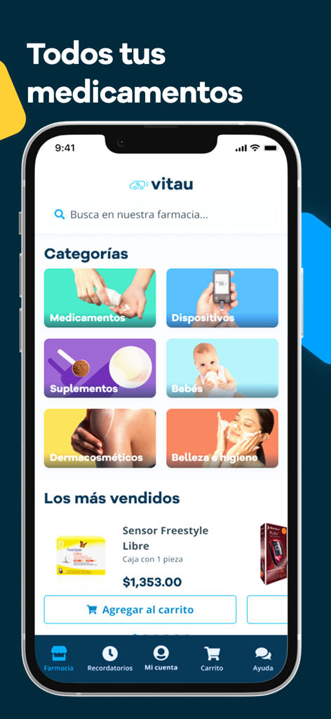 Vitau - Farmacia Digital - Vitau digital pharmacy app home screen showing medical product categories and featured healthcare items.