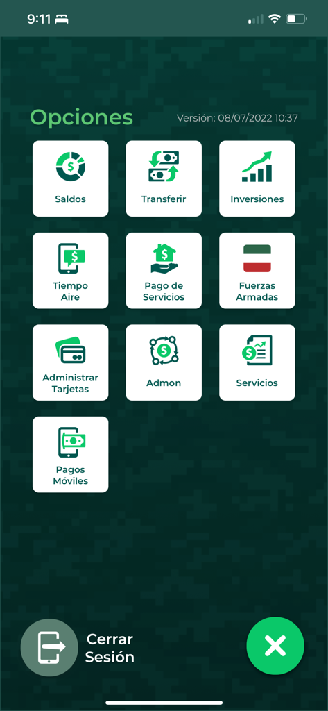 Pantalla del menú principal de la aplicación BanjeCel que muestra las opciones bancarias para el personal militar mexicano.