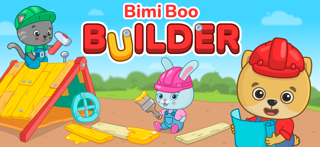 Building Games for Kids 2-6 - Pantalla de Bimi Boo Builder con personajes de animales de dibujos animados con equipo de construcción