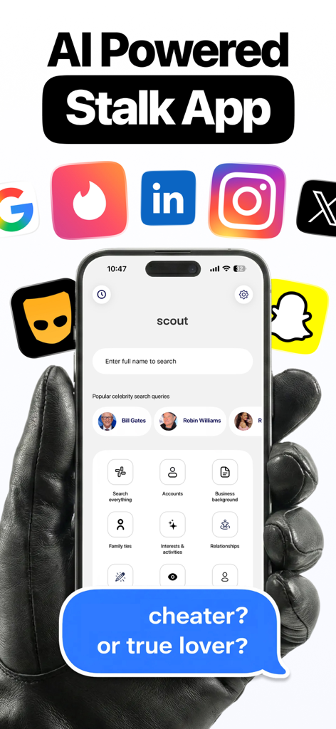 Scout: Deep Search AI - Smartphone screen showing the Scout Deep Search AI app interface for finding public social media information and background details.