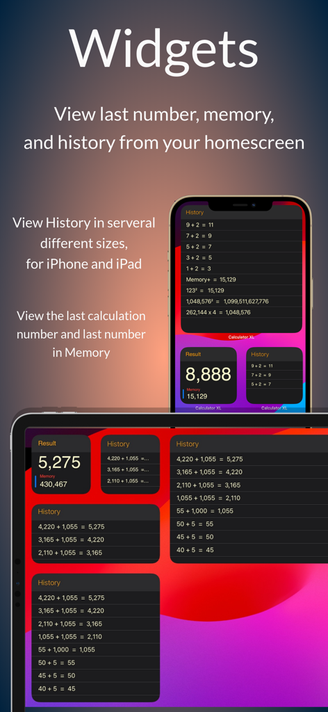 Calculator XLt - Calculator XLt widgets for iPhone and iPad displaying calculation history and memory results on the home screen