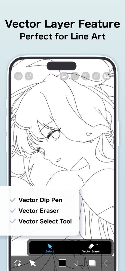 ibis Paint X - ibis Paint X app interface showing vector layer tools and a manga character line art illustration