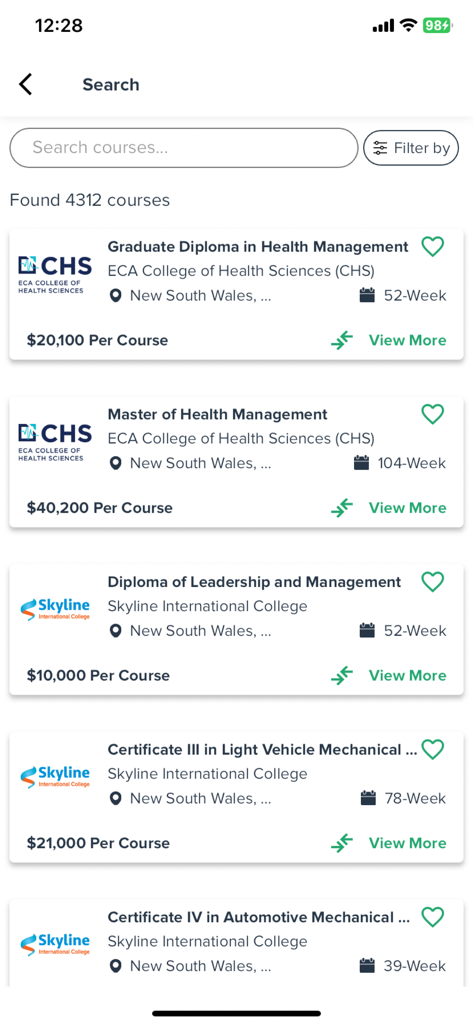 Search interface of Educonnect app showing various diploma and degree courses with prices