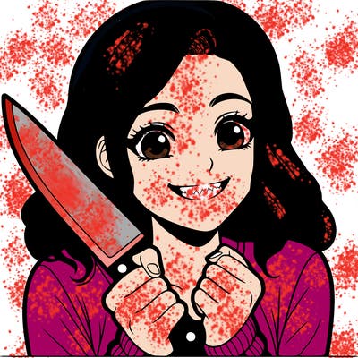 a realistic girl holding a knife and grinning