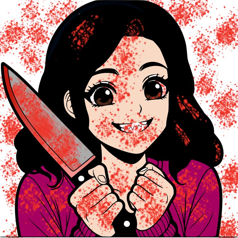 a realistic girl holding a knife and grinning