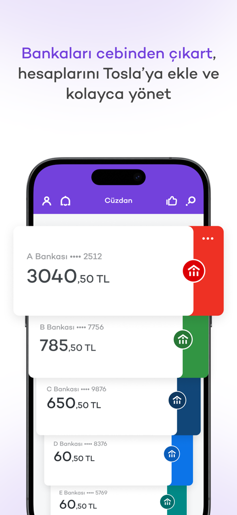 A smartphone showing the Tosla app interface with multiple linked bank accounts and their respective balances in Turkish Lira.