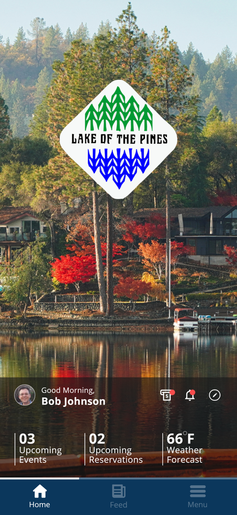 LOPA - Home screen of the LOPA app featuring a personalized resident dashboard with event and reservation summaries over a scenic lake background