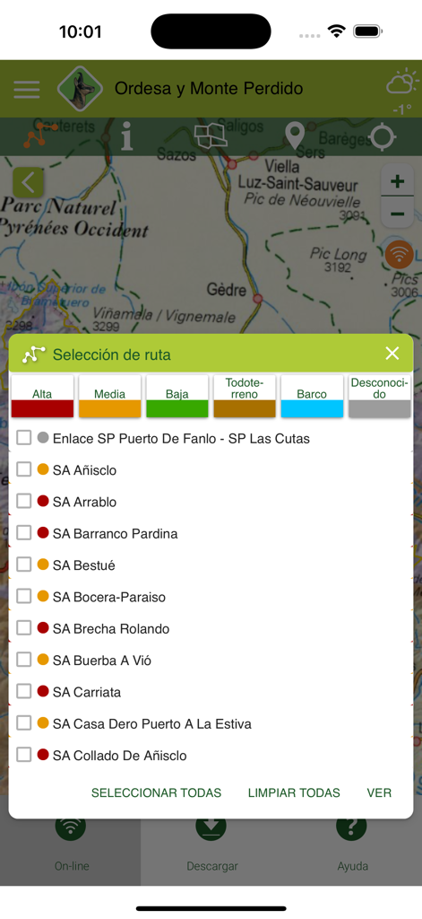 Map of Ordesa y Monte Perdido National Park with a route selection menu for hiking trails in the Parques Nacionales app