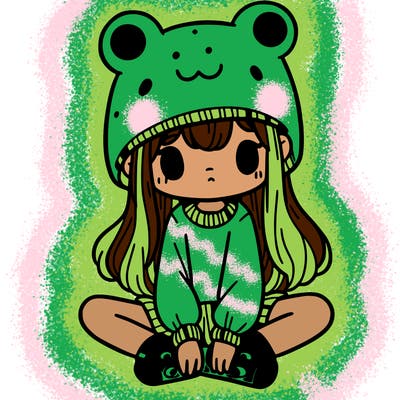 a girl wearing a frog hat and some frog socks