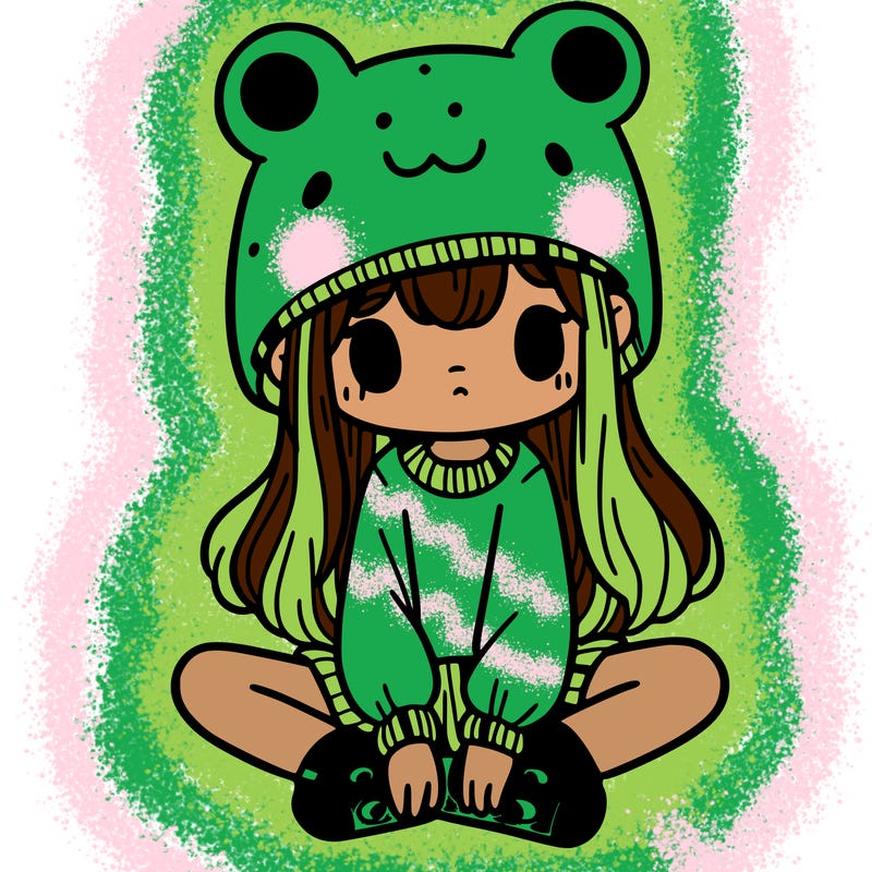 a girl wearing a frog hat and some frog socks