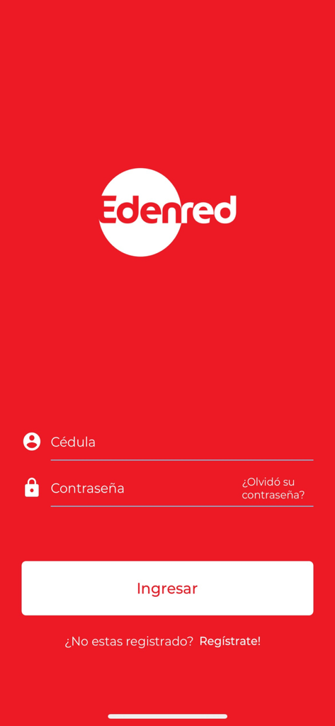 Login interface of the EdenredUY mobile app featuring fields for ID and password on a red background