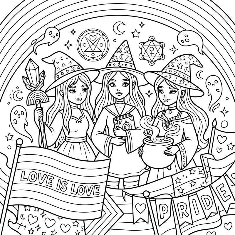 Cast a spell of color and celebration with this enchanting Spirit Witches Pride Month coloring page. Featuring three magical witches surrounded by symbols of love and diversity, it’s a perfect way to express your creativity and support.