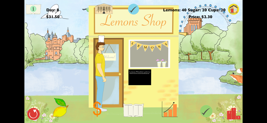 Lemons: Learn Accounting - A lemonade stand business simulation interface in the Lemons Learn Accounting app showing inventory and profit tracking